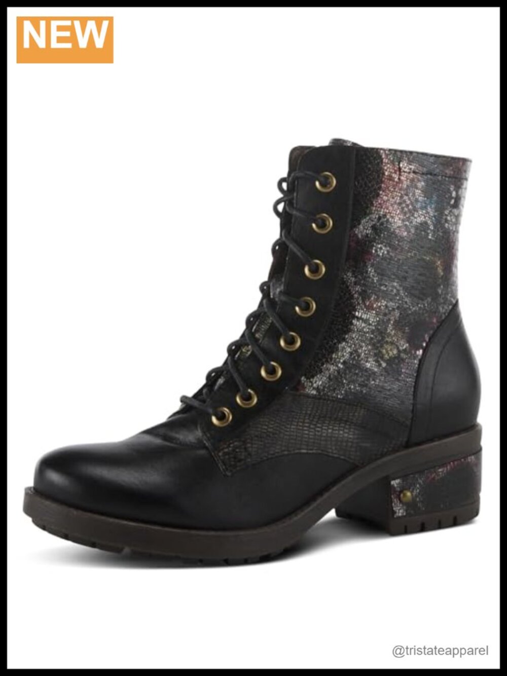 Hand Painted Metallic Floral Ankle Boots, Leather & Synthetic, Lace Up, Arch